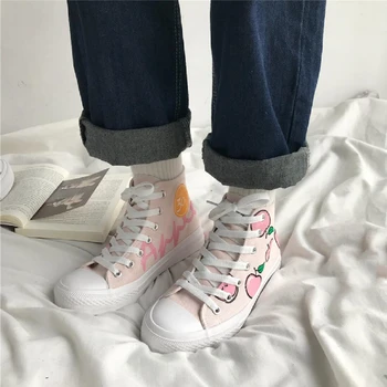 

Spring Designer New Luxury Fruit Pattern Tide Take Fashion Korean Harajuku Cute Girl High-top Casual Fan Canvas Women Flat Shoes