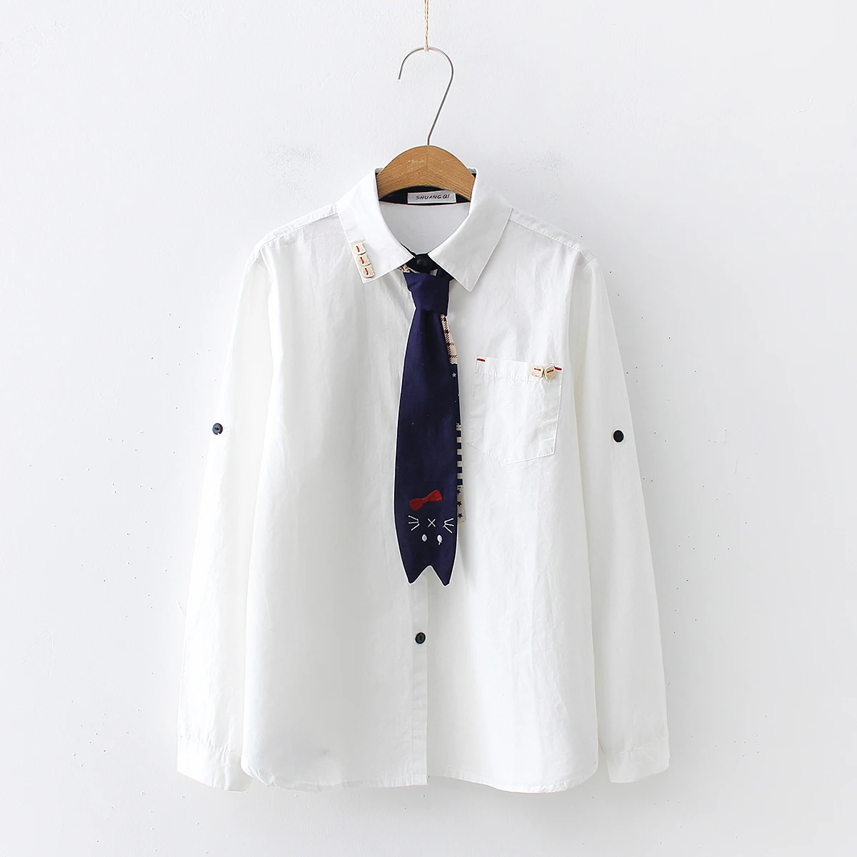 Элегантный дизайн белая блузка хлопковая рубашка для женщин мультяшный галстук карман длинный рукав Свободные топы Осень blusas feniminas T97882 - Цвет: White blouse