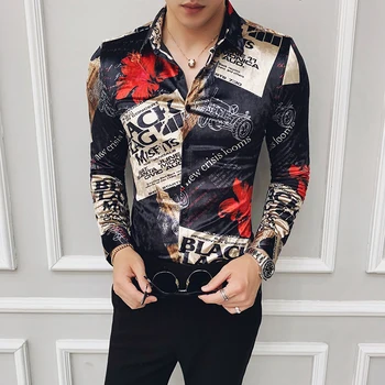 

High Quality Gold Velvet Winter Shirt Men Fashion 2020 Long Sleeve Mens Casual Shirts Dress Slim Fit Streetwear Floral Shirt Men