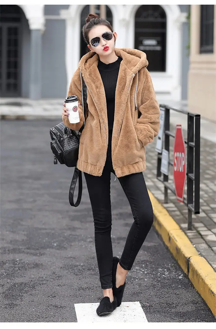 Faux Rex Rabbit Fur Coat Female Winter New Long Sleeve Korean Loose Plush Thick Hoodies Sweatshirt Jacket For Women f2084