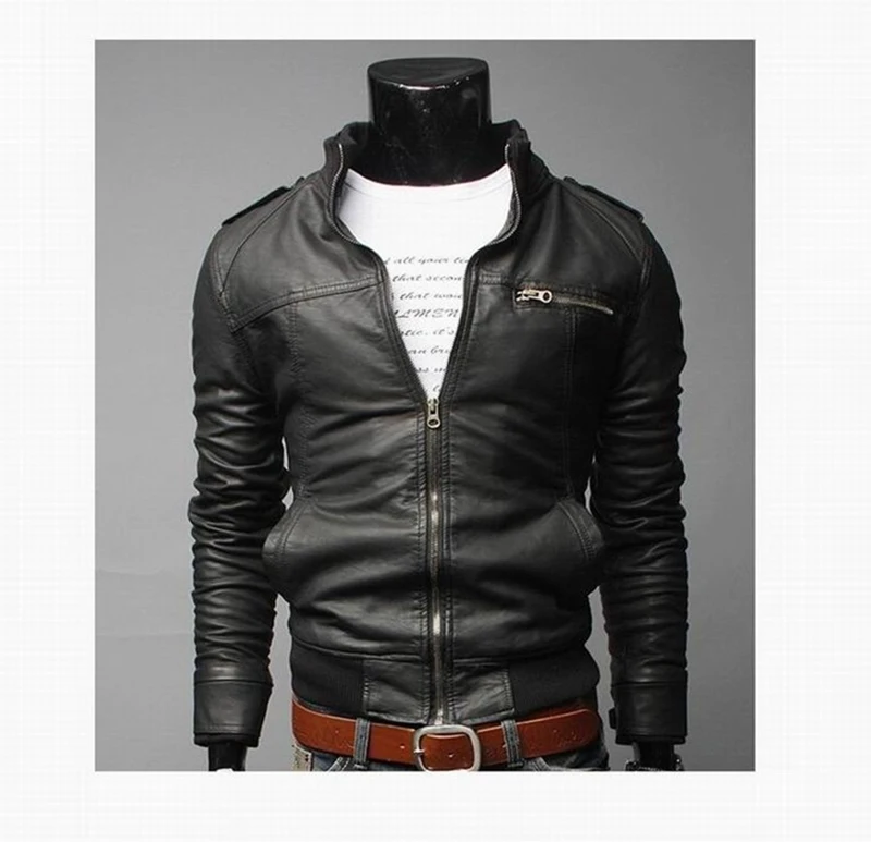 Новая модная Осенняя мужская кожаная куртка черная, коричневая мужская куртка со стоячим воротником кожаная байкерская куртка мотоциклетная кожаная куртка