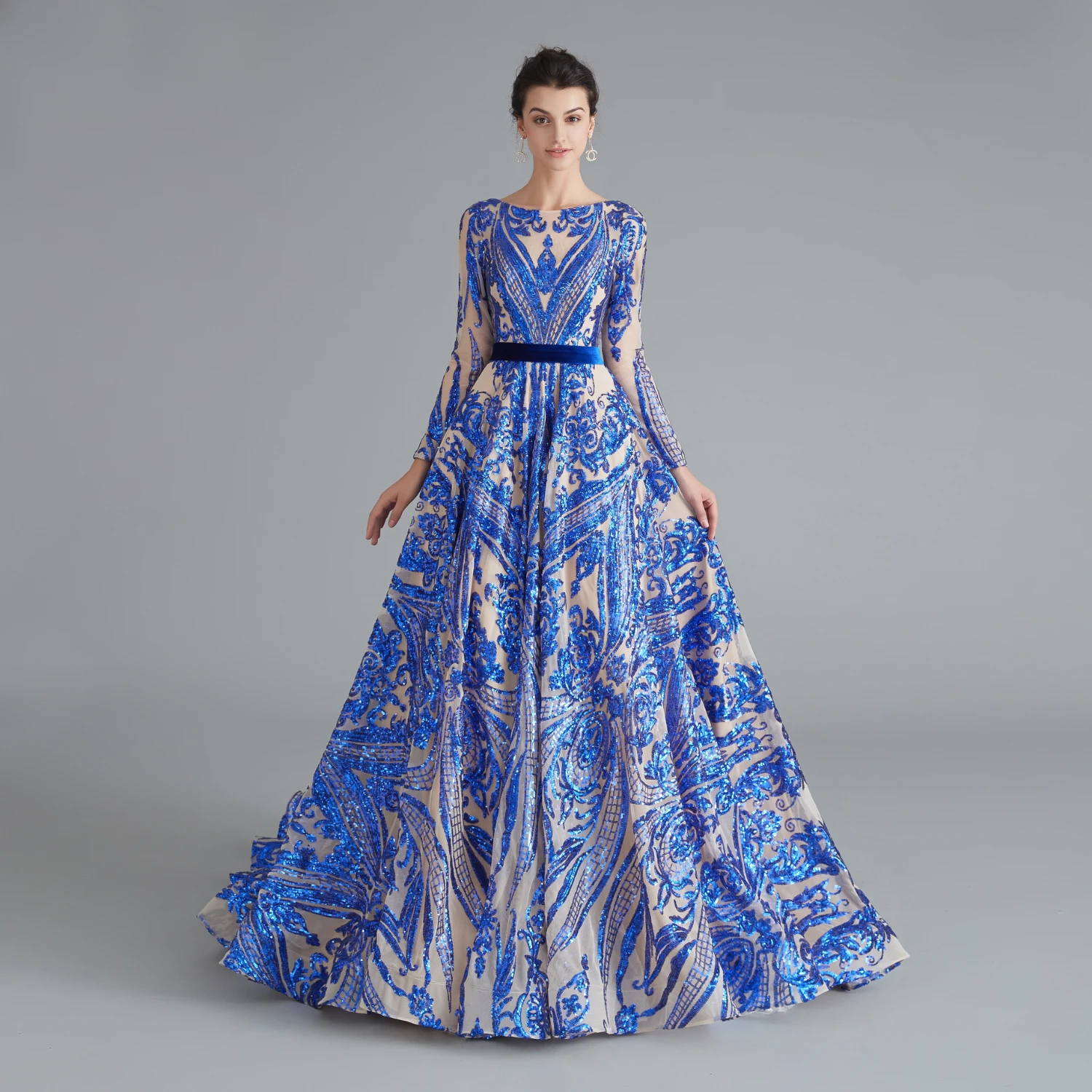 Vivian's Bridal Boho Sequin Кружева Аппликация вечернее платье Сексуальная Иллюзия с длинным рукавом o-образным вырезом спинки пушистое элегантное платье - Цвет: blue