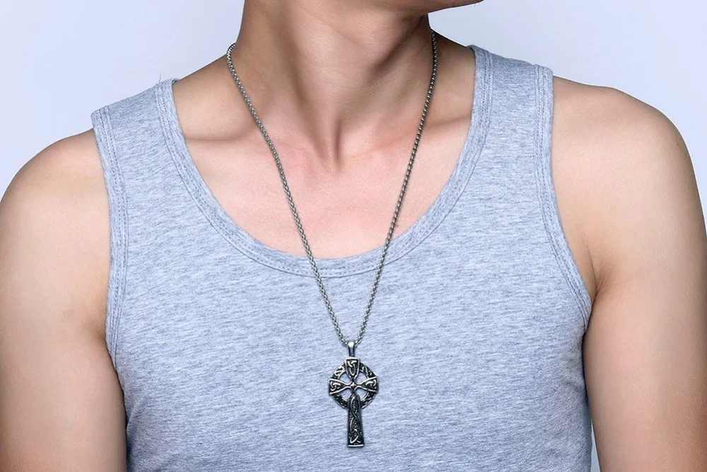 Mens Vintage Large CELTIC CROSS Irish Knot Pendant Necklace Stainless Steel Cros Cheilteach Jewelry Gold Silver Men Accessories collares collier colar choker 18