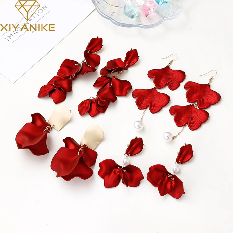 H8130f71ce8904fe5b1c6fb7a21f4ada6s - Korean New Fashion Temperament Alloy Women Pendant Earrings Sexy Rose Petals Long Tassel Earrings Women Jewelry Red Earrings