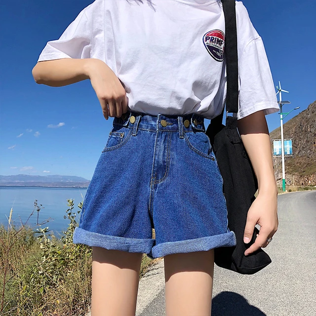 2021 New Summer Cotton Jean Shorts Women Denim Shorts Button Adjust Waist Short Harajuku Wide Legs - Shorts - AliExpress