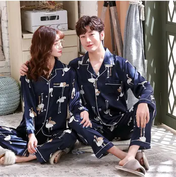 

women's spring and autumn ice silk long sleeve sweet and lovely Korean thin set autumn and winter men's home clothes