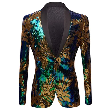 

[JK37] Glitter Shiny Sequin Men Jacket Two-Color Conversion Singer Coat Gold Leaf Pattern Nightclub Bar Performing Cool Blazer