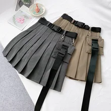 Wasteheart Autumn Gray Khaki Skirts Women Fashion A-Line Mini Skirt Striped Clothing Plus Size Short Skirt Belt Pleated Packet