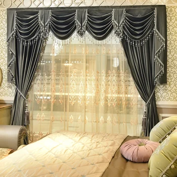 

Custom Simple Pure Grey Color French Velvet High Class European Luxury Embroidered Lace Curtain Valance Tulle