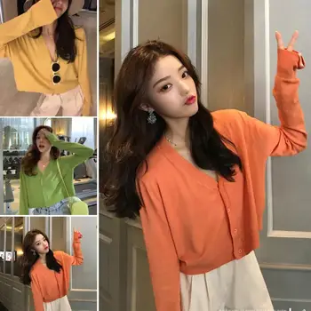 

Fashion Women Solid Color Ice Silk Open Front V Neck Long Sleeve Cardigan Knitted Outwear