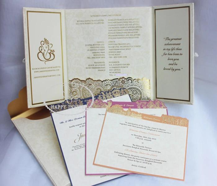 HI1091 - 12 Personalized Hard Cover Gate Fold Wedding Card with Gold Foil