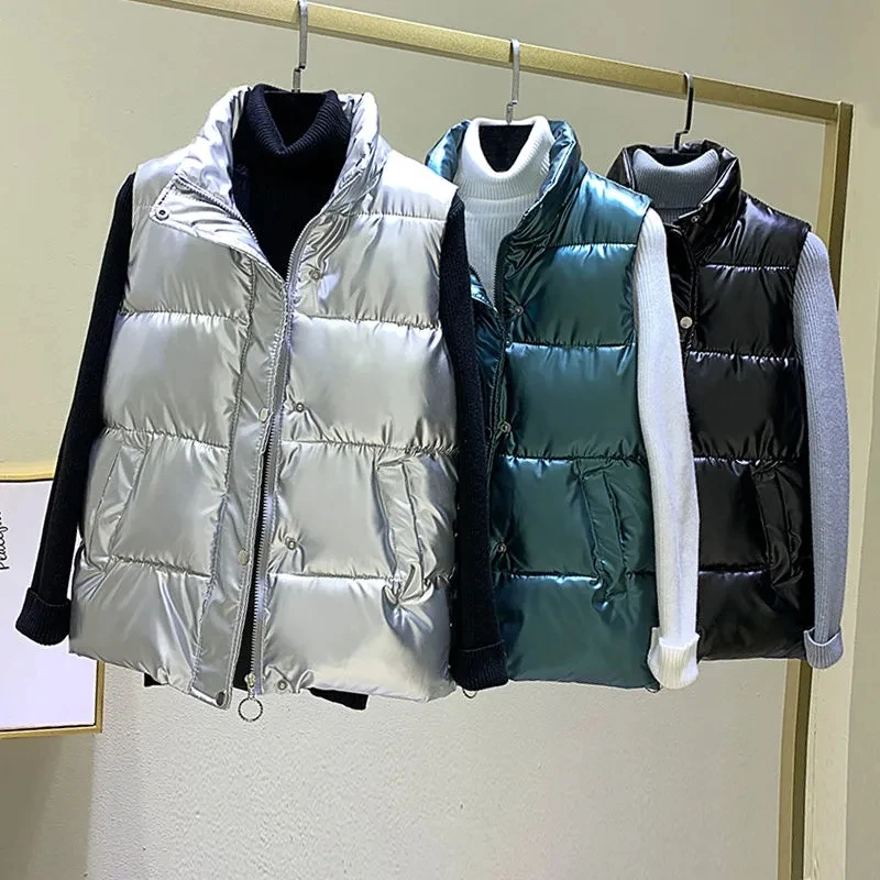 

Women's Shiny Autumn Winter Puffer Vest Solid Casual Ladies Sleeveless Jacket Zipper Stand Collar Waistcoat for Female