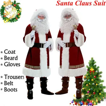 

6PCS Christmas Santa Claus Costume Fancy Dress Adult Suit Cosplay Outfits
