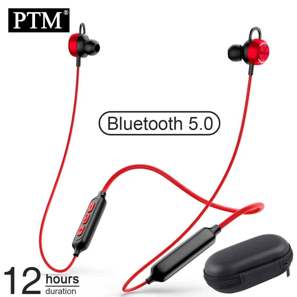 PTM X2 беспроводные Bluetooth наушники, стерео игровая гарнитура, спортивные наушники-вкладыши с микрофоном, наушники с шумоподавлением для всех телефонов - Цвет: Red with Bag