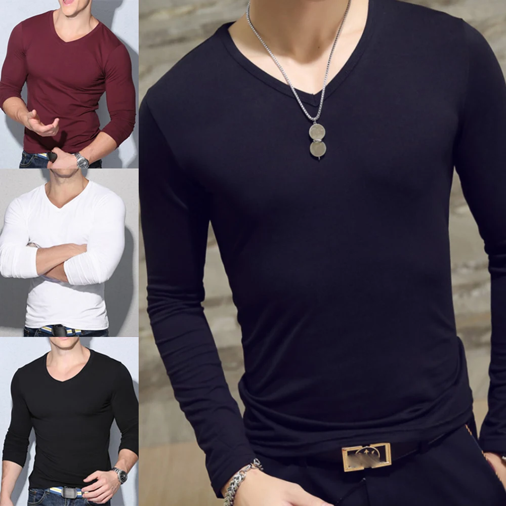 Men's Solid Casual T-shirts Long Sleeve V-neck Slim Fit Soft Comfortable Autumn Winter Inner Wear