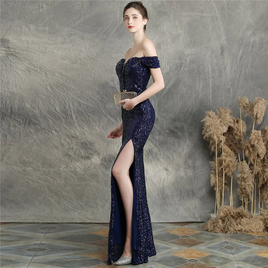 Вечернее платье русалки с блестками и кисточками, темно-синее женское вечернее платье, DX250-4 размера плюс, вечернее платье с вырезом лодочкой