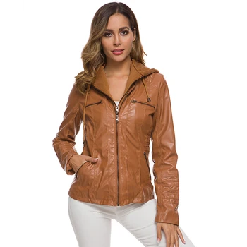 

autumn women solid PU leather jacket 2020 slim hooded plus size female coats Korean style casual outwear cazadora cuero mujer