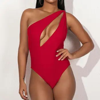 

2020 Sexy Swimwear Pure Color Red Swimsuit One piece Bathing Suit Single Shoulder Female Bikini Push Up Bonokini Bodysuit