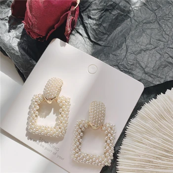 

Bohemian Style Square Pearl Geometric Earrings For Women Girls 2020 Vintage Fashion Statement Earrings Daily Jewelry