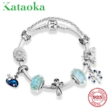 Браслет из стерлингового серебра 925 пробы с голубыми стеклянными бусинами подвеска в виде дельфина Шарм Сердце цветок бусины браслет для женщин DIY ювелирные изделия