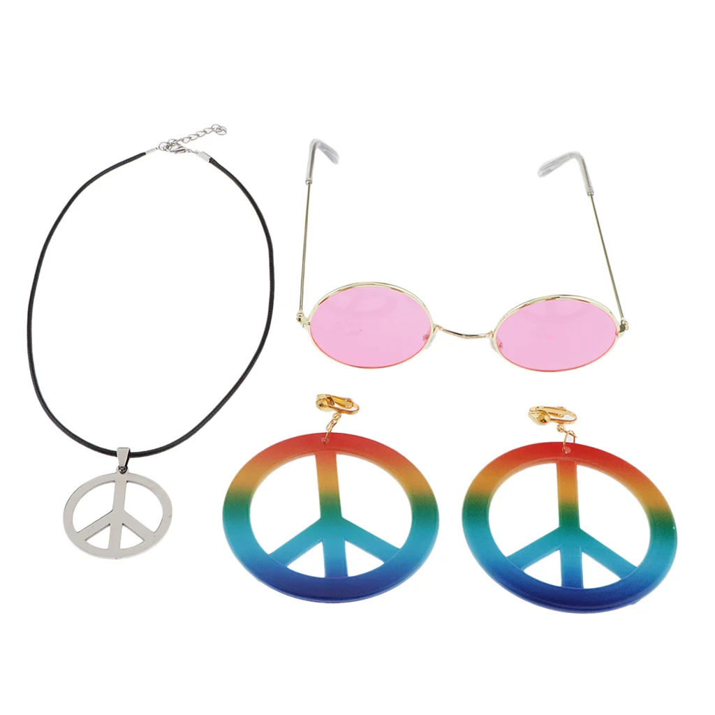 Peace Sign Necklace Earring Hippie Sun Glasses Hippie Costume Accessories Colorful Large Round Earring Necklace and Sunglasses