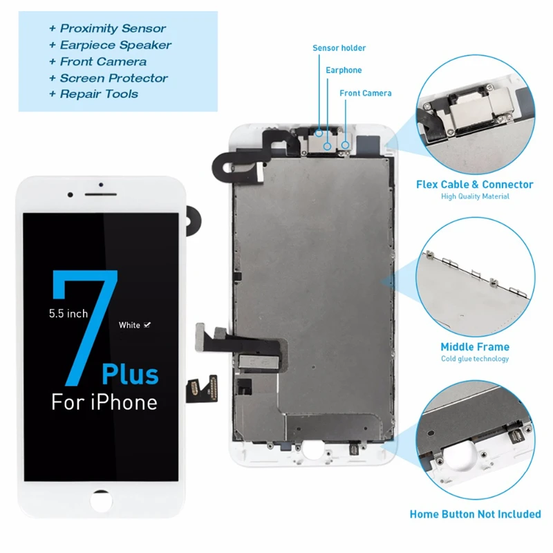 

High quality For iPhone 7 Plus LCD Display Touch Screen +Front Camera Digitizer Assembly Replacement Solid White Color