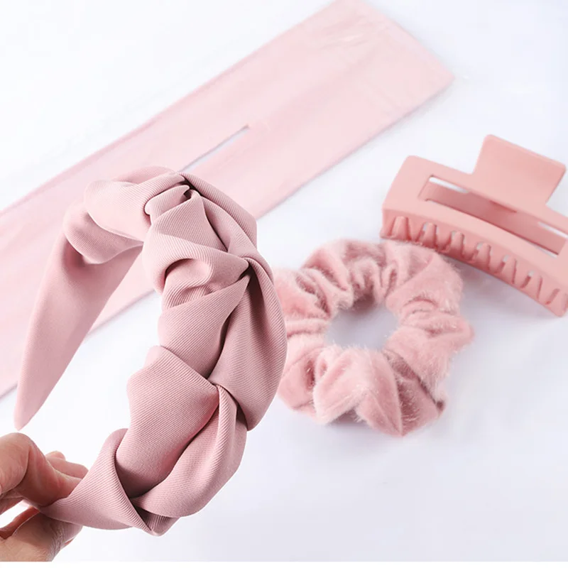 4PCS/Lot Fashion Hair Claw Clips Scrunchies Elastic Hair Bands Women Girls Pink Wide Headbands Hairbands Hair Accessories Set