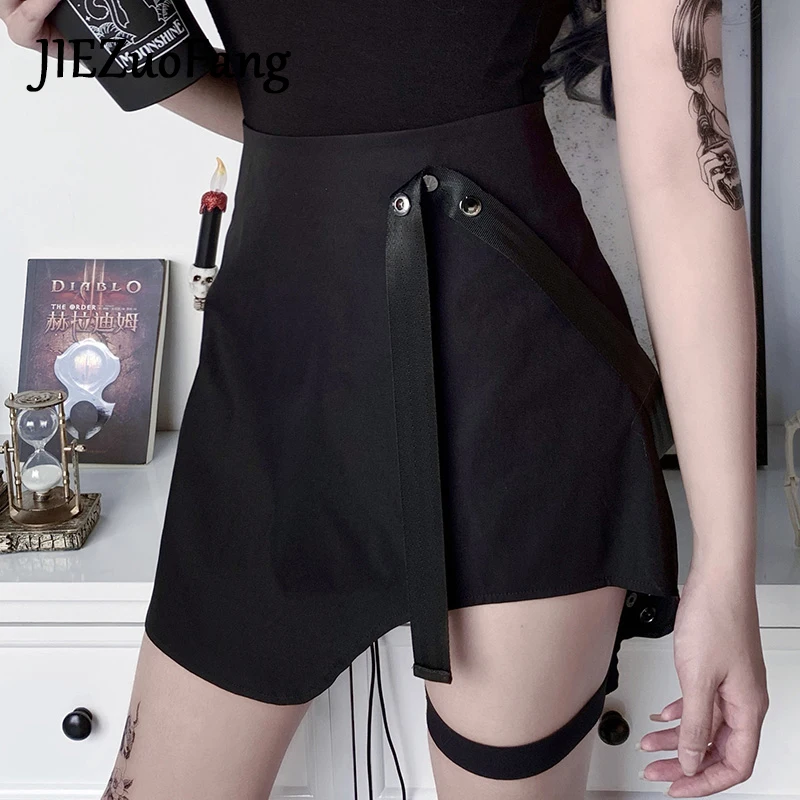 

JIEZuoFang High Waist Short Summer Skirt Irregular Pencil Skirt For Women Attach Leg Belt Asymmetrical Gothic Mini Skirts