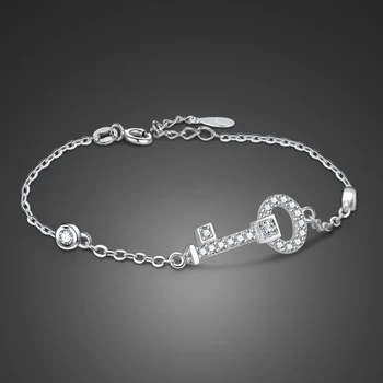 

New Dainty key Bracelet For Women 100% 925 sterling silver Cubic Zirconia Charm Bracelets & Bangles Femme Wedding silver Jewelry