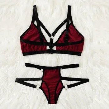 

New Sexy Women Ring Hollow Velvet Lingerie Set Bra With Thong Bandage Underwear High quality soft and stretchable Adjusted Sexy