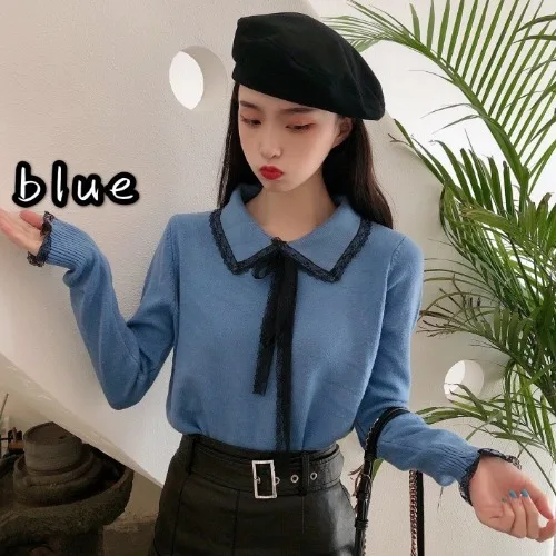 Woherb Pull Femme милые кружевные вязанные пуловеры в стиле пэчворк с отложным воротником и длинным рукавом, джемперы в Корейском стиле, модные топы на осень, новинка 91100 - Цвет: blue pullover