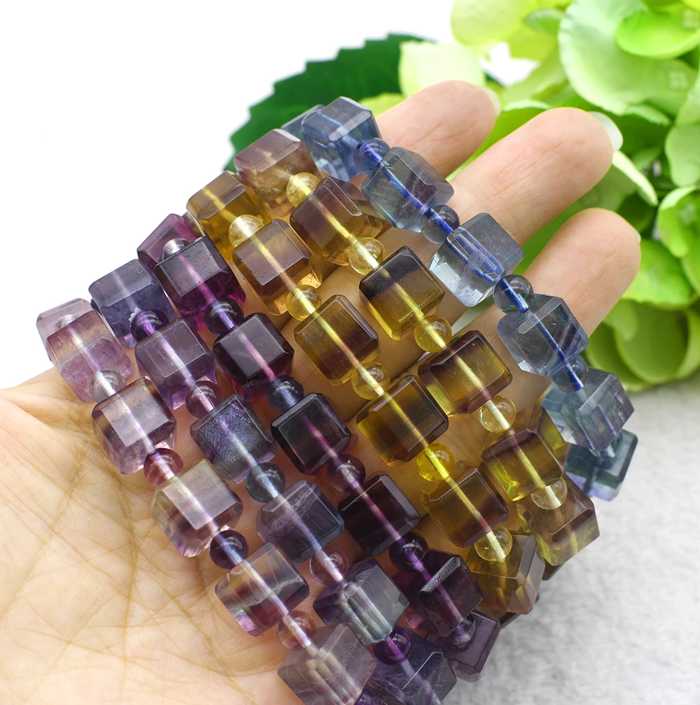 AAAAA 10mm Genuine Natural Colorful Fluorite Square Bracelet Beads Bracelet 8