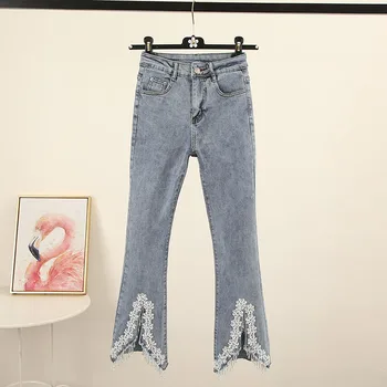 

2020 New Spring Tassels Pearl Beads Slit Flare Pants Women's Elasticity High-waist Slim Fit Denim Trousers Female Jeans Pants