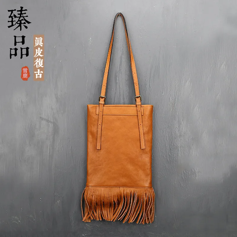 

2020 New Genuine Leather Women's Handbag Full-Grain Leather Tassel Bag Women's Shoulder Bag purses and handbags luxury designer