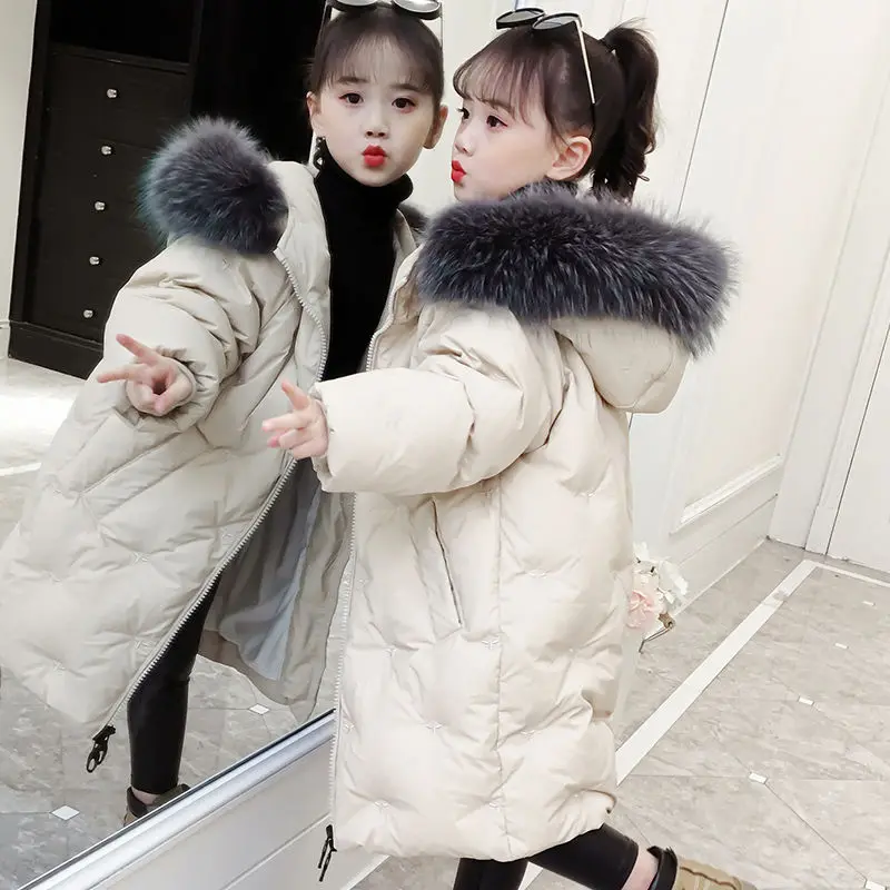 Детская зимняя куртка для девочек, однотонное пальто с капюшоном и длинными рукавами милая теплая зимняя одежда для школьниц зимняя куртка флисовая куртка с рисунком - Цвет: beige beer