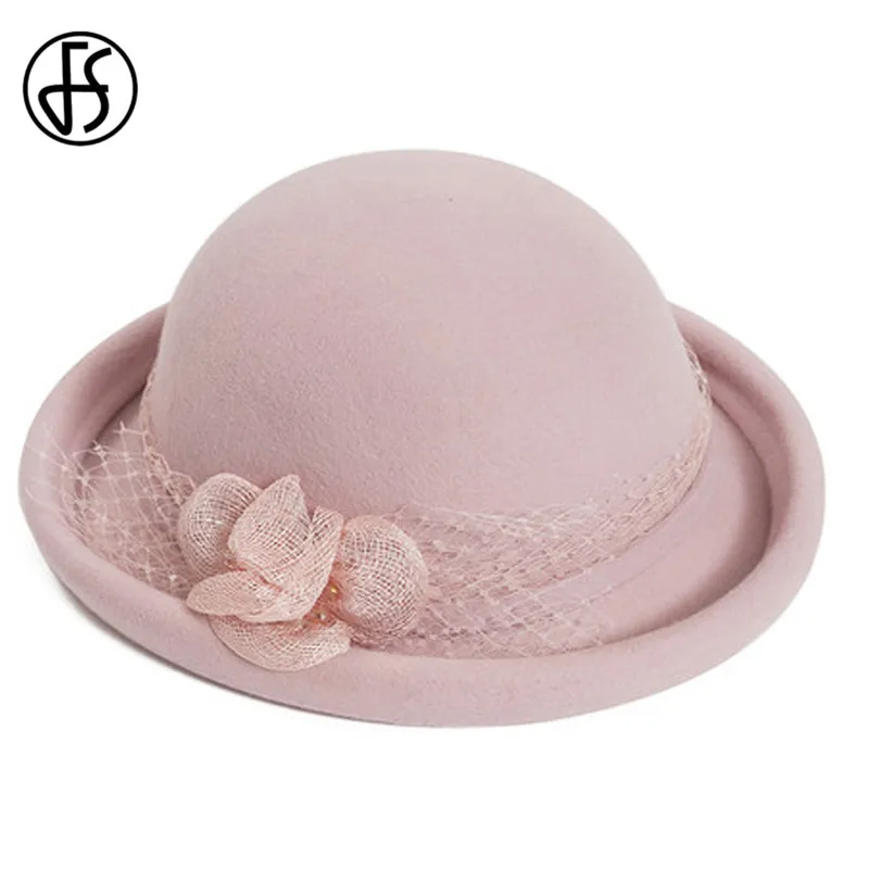 FS винтажная Женская шерстяная фетровая шляпа-Клош, одноцветная фетровая шляпа с цветочным принтом, розовая красная теплая зимняя женская шляпа-котелок, 6 цветов