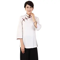 Женский Ретро Китайский Топ Хлопок Лен сплошной короткий рукав рубашка Повседневная винтажная блузка Традиционный китайский Восточный