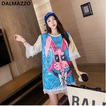 

Printing Sequins Women Patchwork Lace Runway Loose Long T Shirt Dress Femme 2020 Newest Designer Students Hip Hop Streetwear