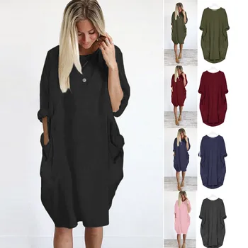 

Womens Fashion Pocket Loose Dress Ladies Crew Neck Casual Long Tops Dress Plus Size