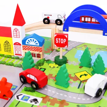 

40pcs Children Building Blocks Set Wooden Urban Car Overpass Traffic Rail Track Scene Early Educational Toys for Kids Gifts