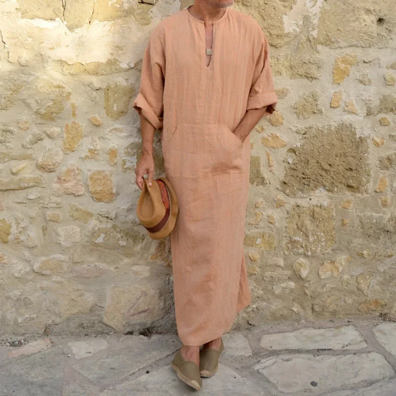 Мужские льняные мягкие мусульманские халаты арабский абайя Дубай ислам ic платье одежда Кафтан jubba tobe Qamis Homme ислам традиционные костюмы