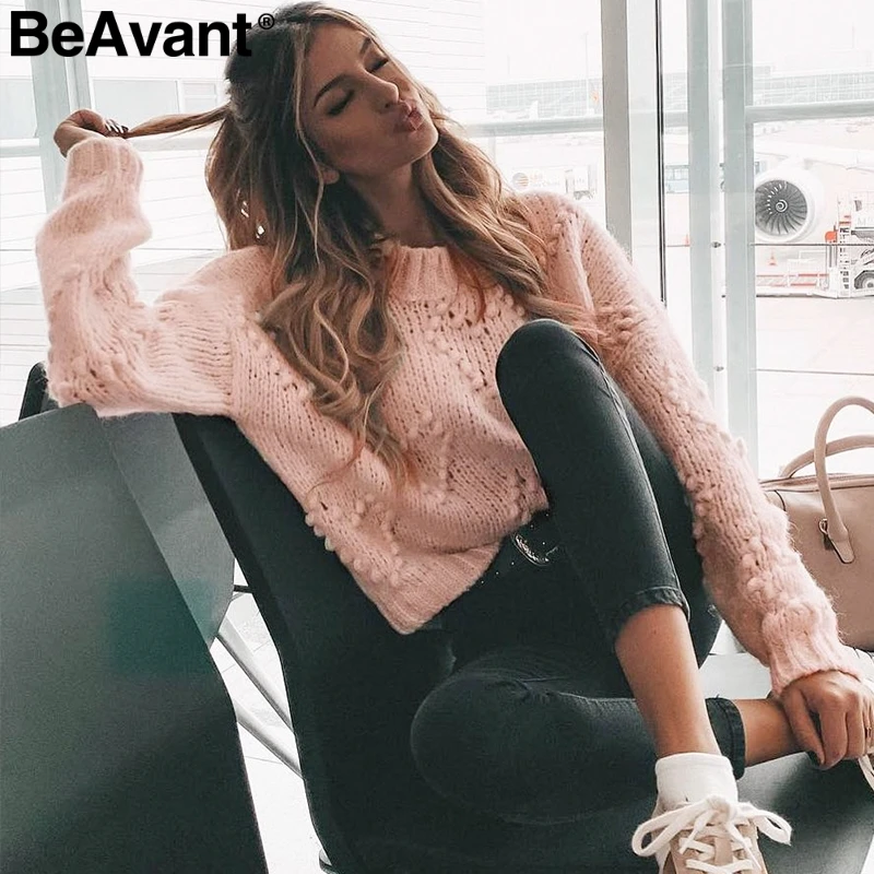 Cena BeAvant Pink pompon jesienne zimowe swetry damskie O neck z długim rękawem swetry na co dzień kobiece modne luźne damskie dzianinowe swetry