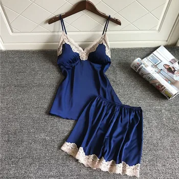 

Silk Satin Women Pajamas Sets With Chest Pad Sexy Lace Cami Top And Shorts Summer Suit Nightwear Sleepwear Women Pajamas Sets