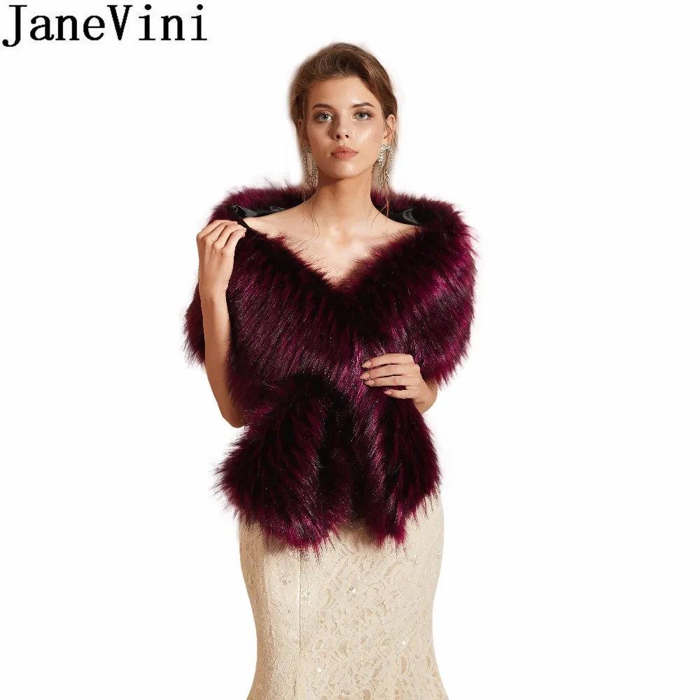 JaneVini, накидка с бруидами, винно-красное меховое Болеро для невесты, накидка для вечернего платья, свадебная шаль, зимний Палантин из искусственного меха, женские болеро, вечерние накидки