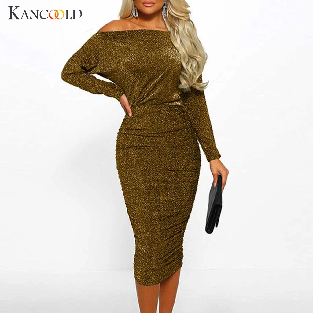 KANCOOLD dress Women Sparkly Long Sleeve Off Shoulder Evening Party Club Ruched Dress Sheath fashion new women 2019DEC18 | Женская