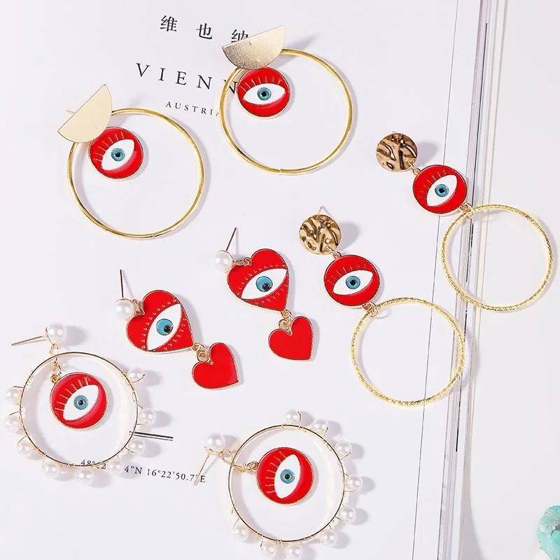 Boucles d'oreilles Vintage mauvais œil rouge, Imitation de perles pour femmes, grand cercle en or, cœur, pendentif, bijoux Boho, 2019