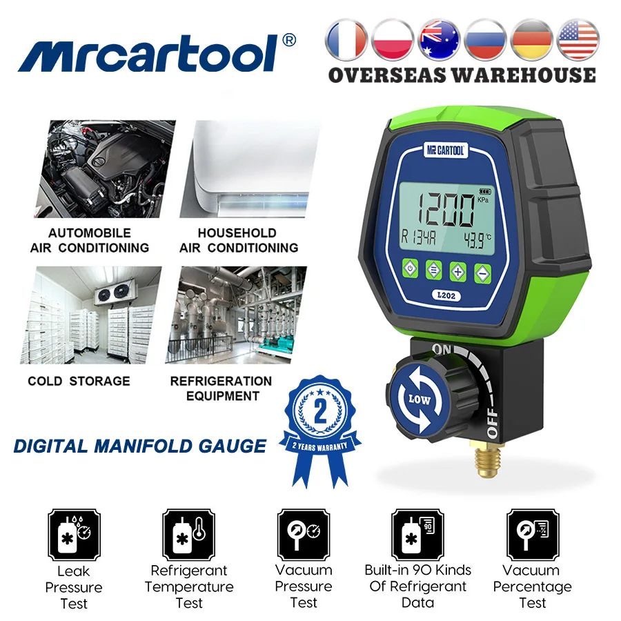 Mr Cartool L202 Kit Manometro Collettore Digitale R134A Strumento Tester Pressione Vuoto Hvac Per Aria Condizionata Perdita Refrigerante Testo