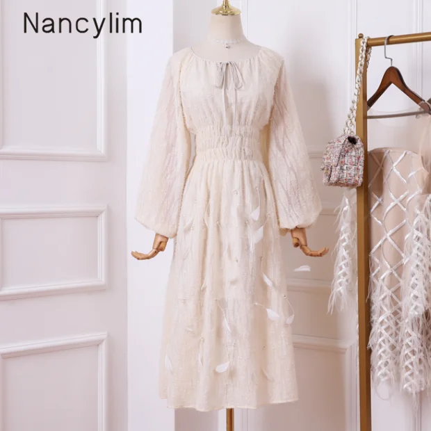

2019 New Autumn Court Style Long Sleeves with Tassel Feather Bubble Sleeves Dress Women Retro High Waist Dress Femme Lady Party