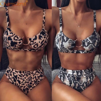 

Sexy Leopard Swimwear bikini Sets metal Buckle high Waist Push-up Padded Swimsuit Brazilian Bathing Swimwear Monokini Beachwear