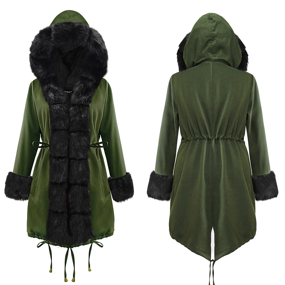 19D006- Army Green Хлопковое теплое пальто с подкладкой и водонепроницаемая куртка для женщин, большие размеры, тонкое длинное пальто для женщин, зимняя большая парка с меховым капюшоном, женские пальто - Цвет: 19D006- Army Green
